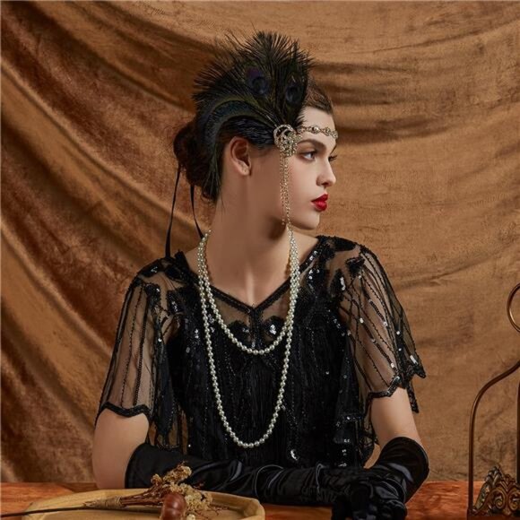 Flapper Headband Ostrich Sequins Black Gold - Picture 3 of 5